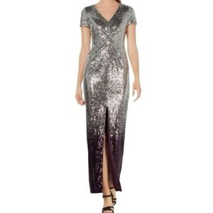Calvin Klein Sequined Ombre Maxi Dress Silver Purple V-Neck Ball Gown Size 8